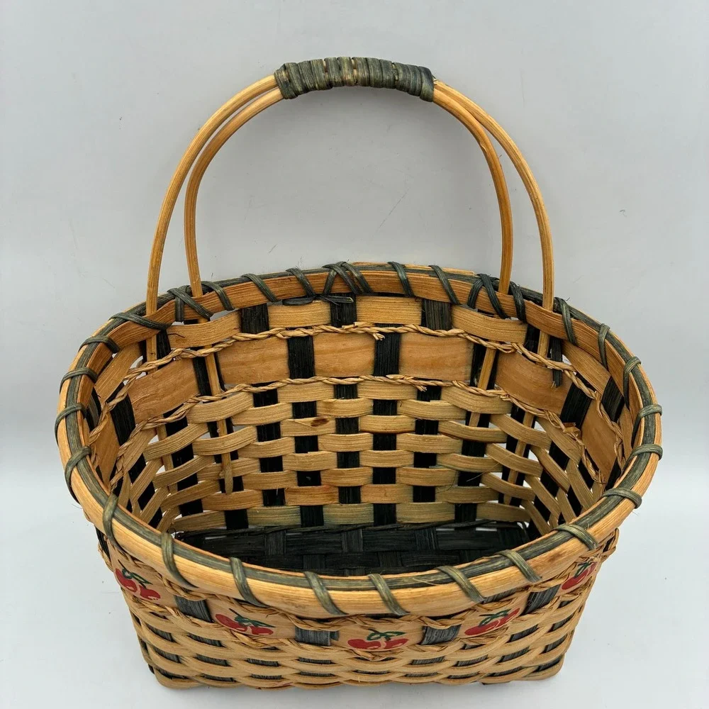 Handcrafted Woven Wood Cherry‎ Print Basket Dual Handle Farmhouse Storage 10x7x6